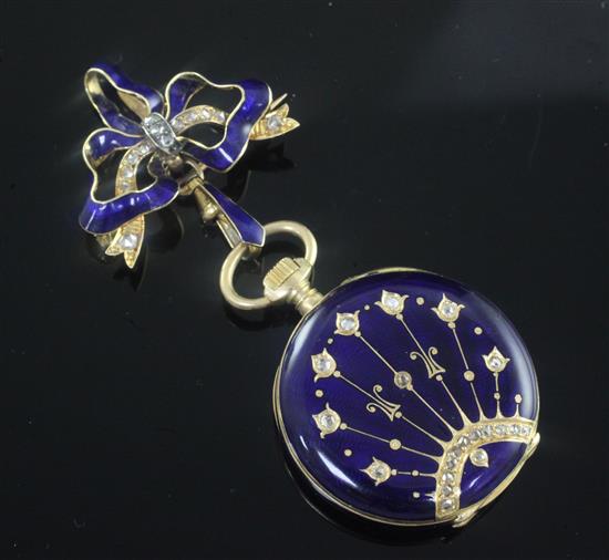 An early 20th century Swiss 18kt gold, blue enamel and rose cut diamond set dress fob watch,